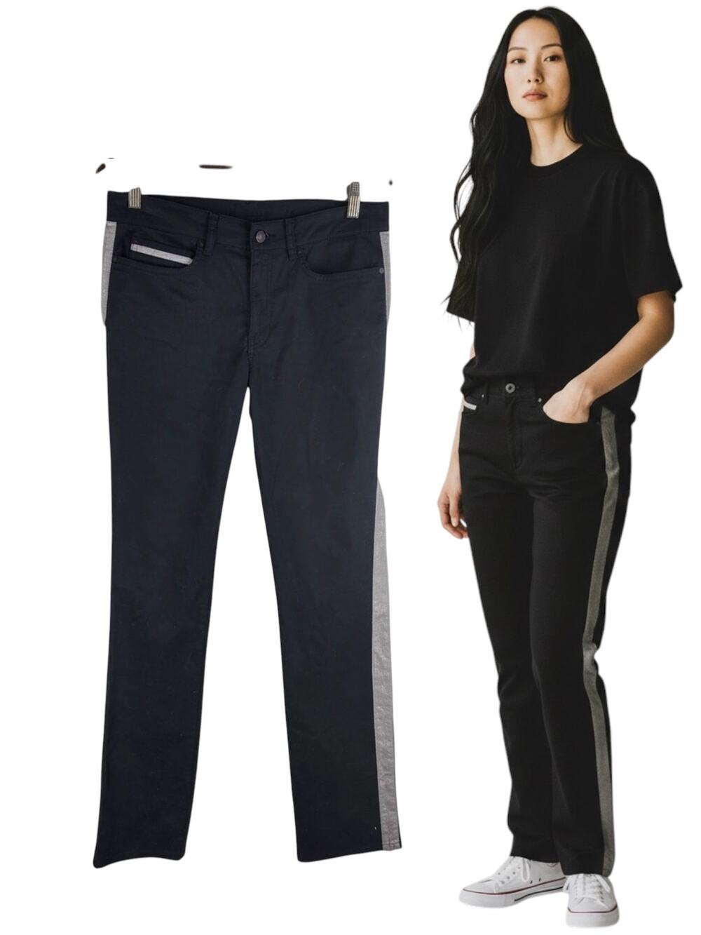 Escada Sport Linda Jeans Black Straight Leg Metallic Cotton Size L 32x33.5